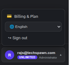 Synco account menu with billing, language, sign-out, email, plan, and role