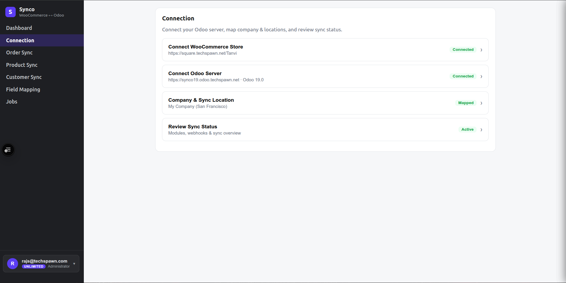 Synco Connection page showing connected and mapped statuses