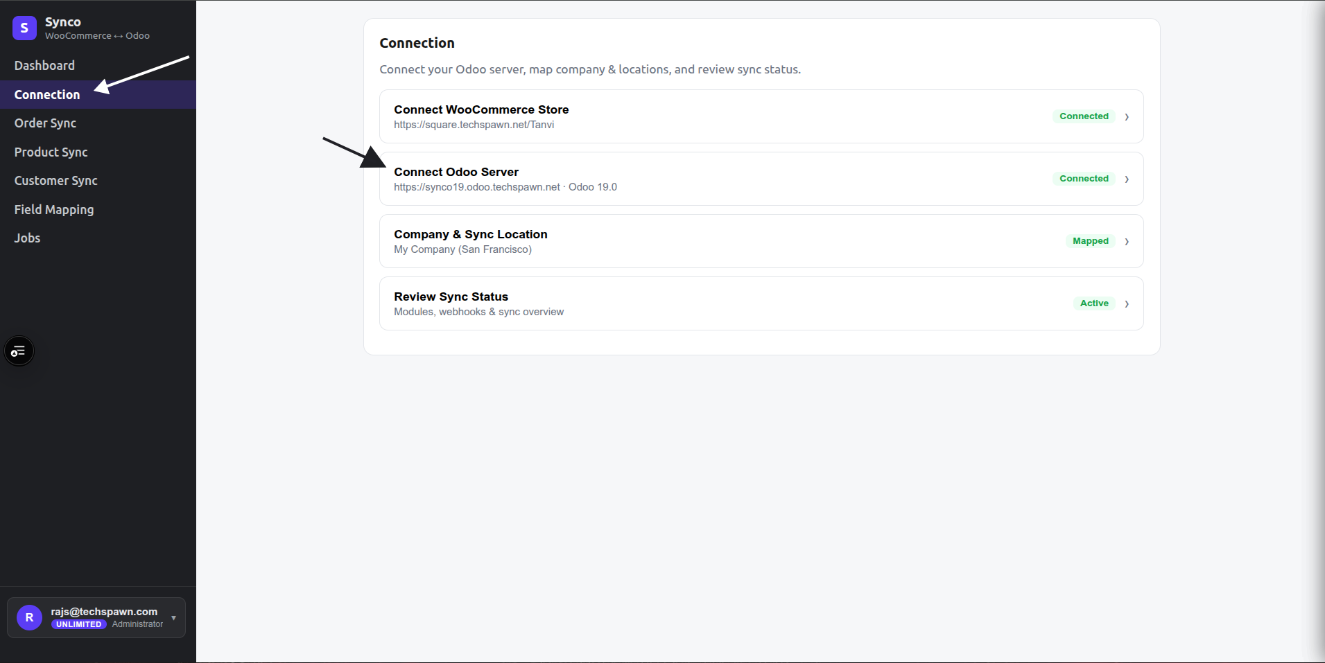 Open the Odoo server connection from the Synco Connection page