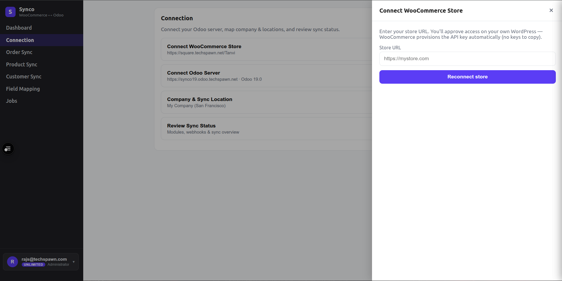 Enter the WooCommerce store URL in the connection drawer