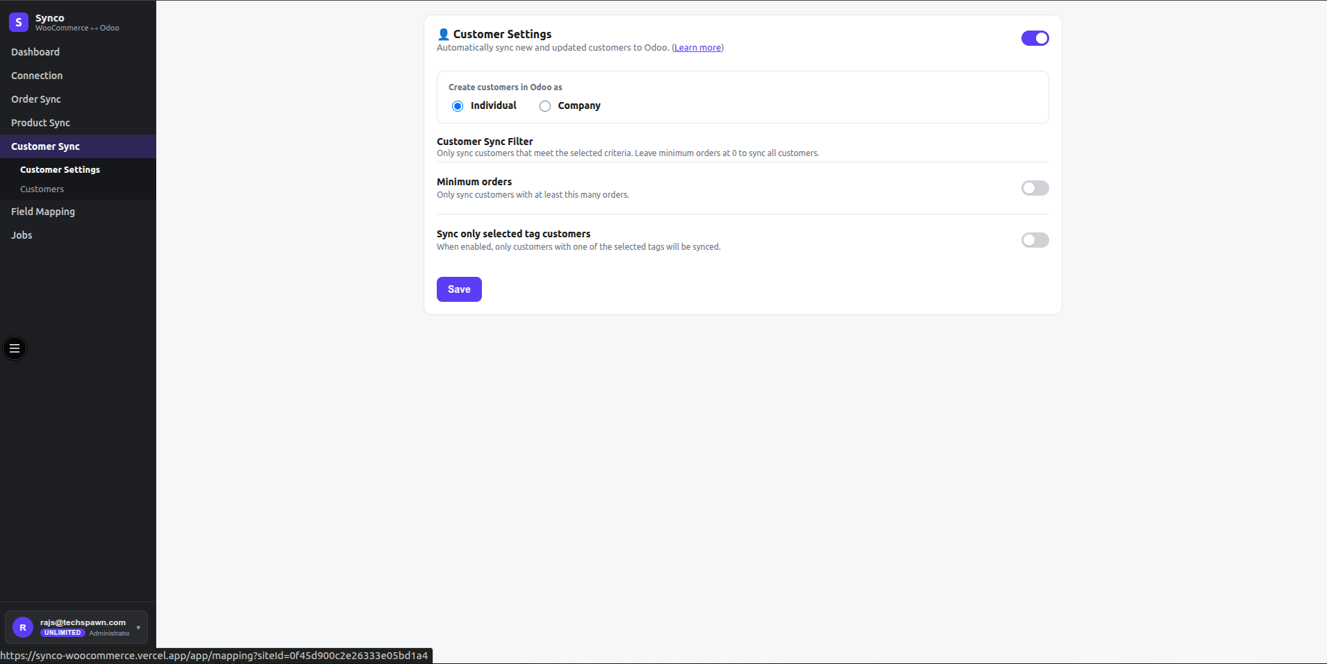 Customer Settings with automatic sync, individual or company mode, minimum orders, and tag filters