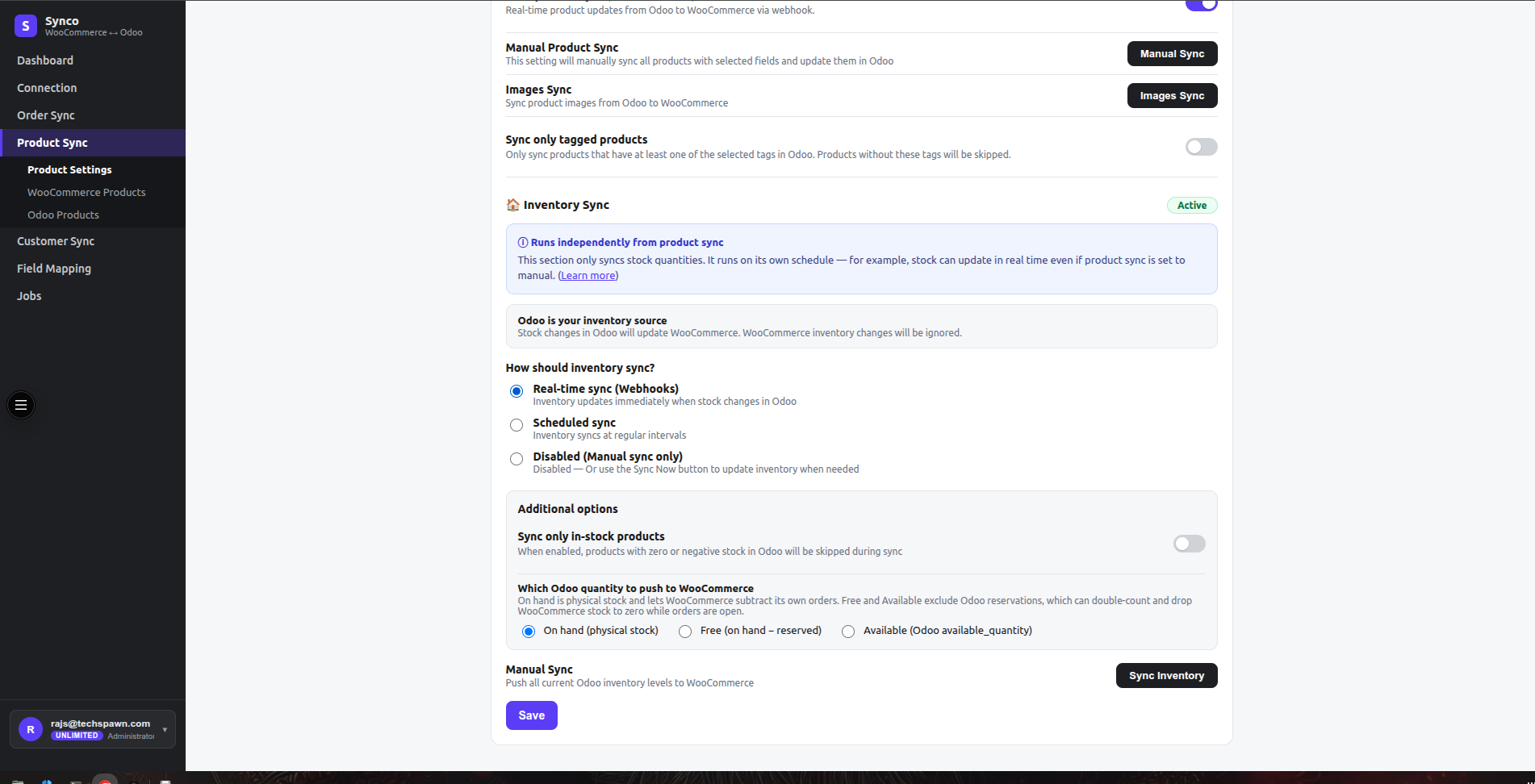 Inventory Sync settings with source, real-time, scheduled and manual modes, quantity selection, in-stock filtering, and manual sync
