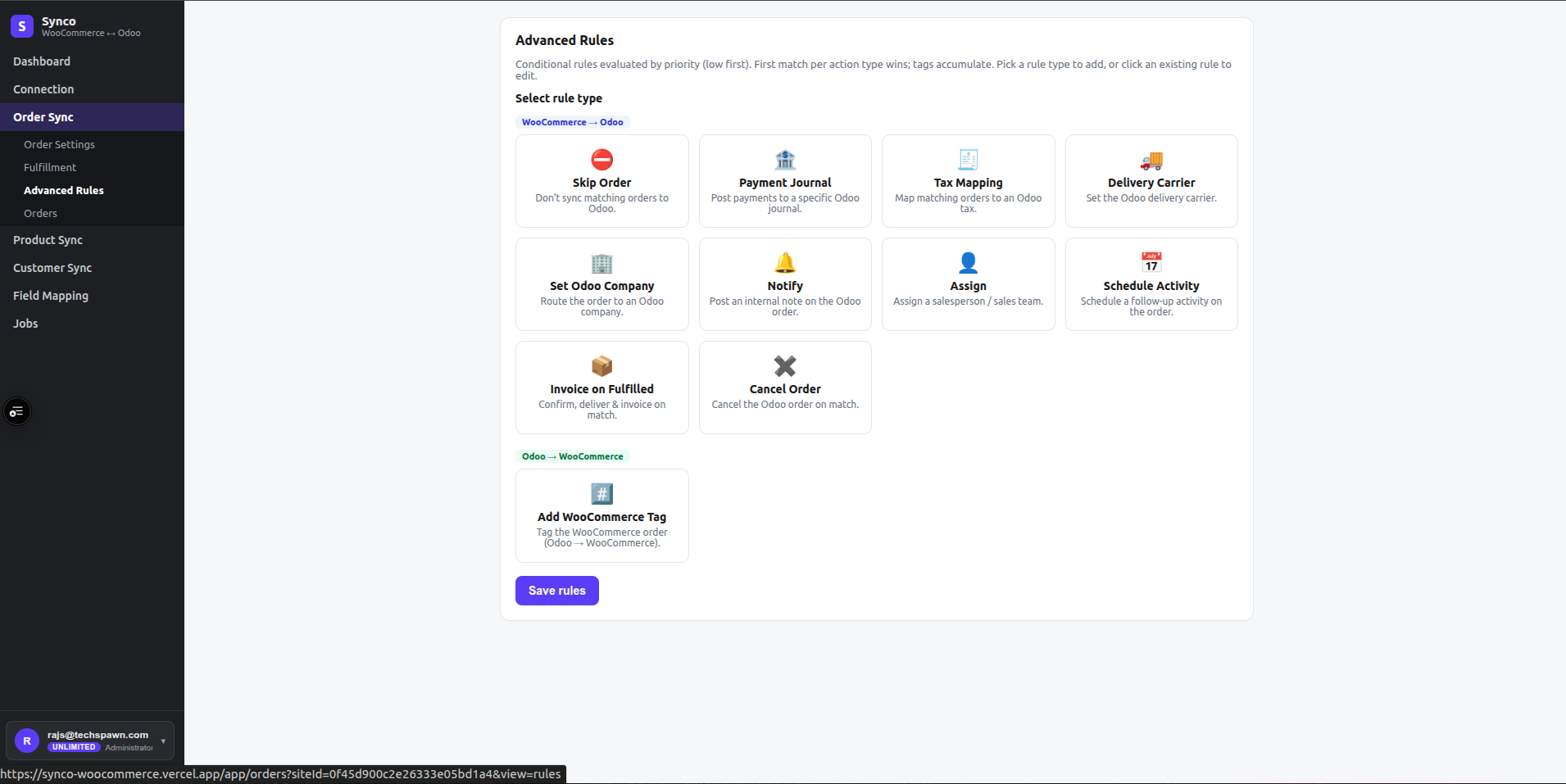 Advanced Rules page listing WooCommerce-to-Odoo and Odoo-to-WooCommerce rule types