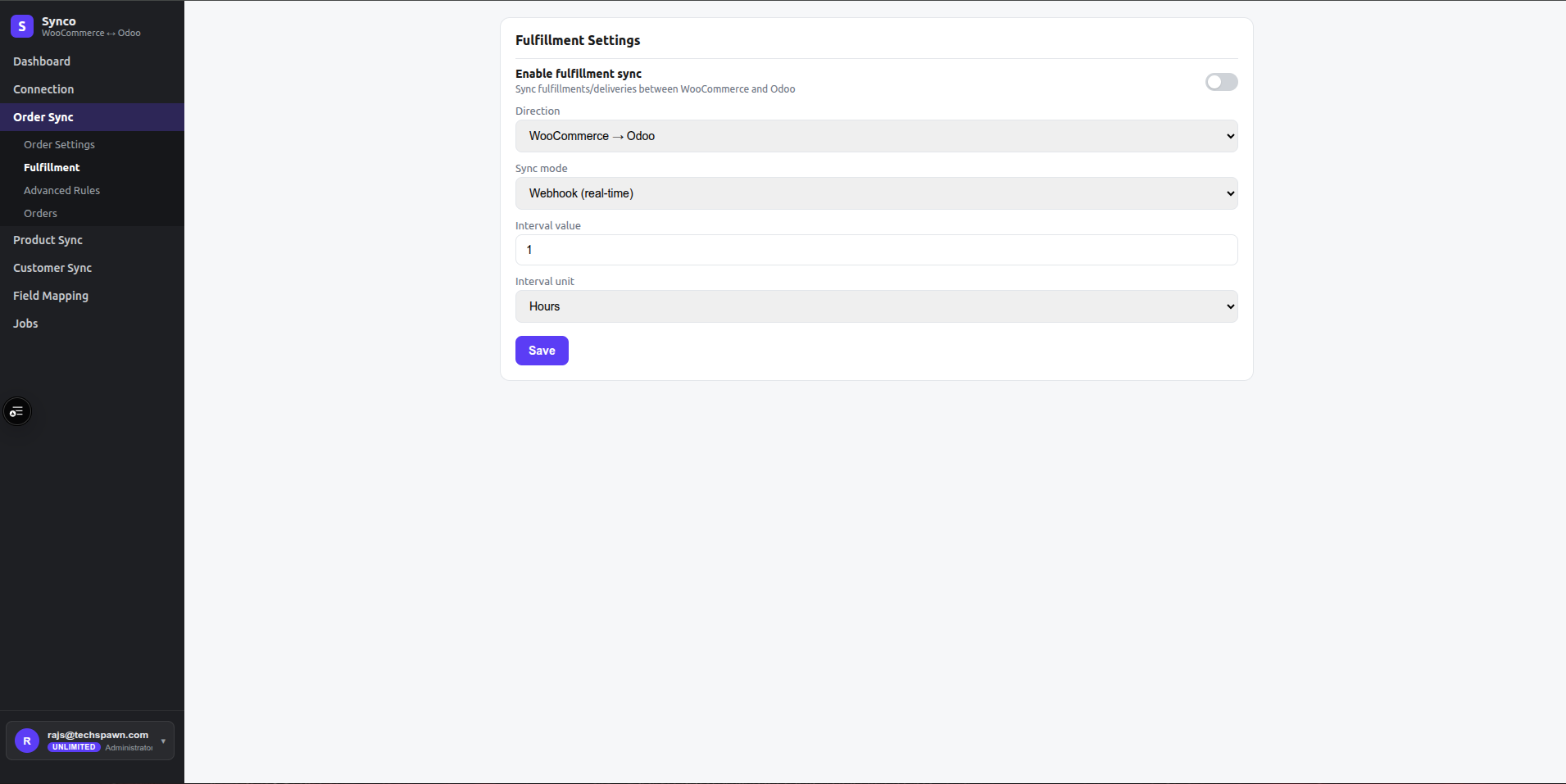 Fulfillment Settings with direction, webhook or interval mode, and enable toggle