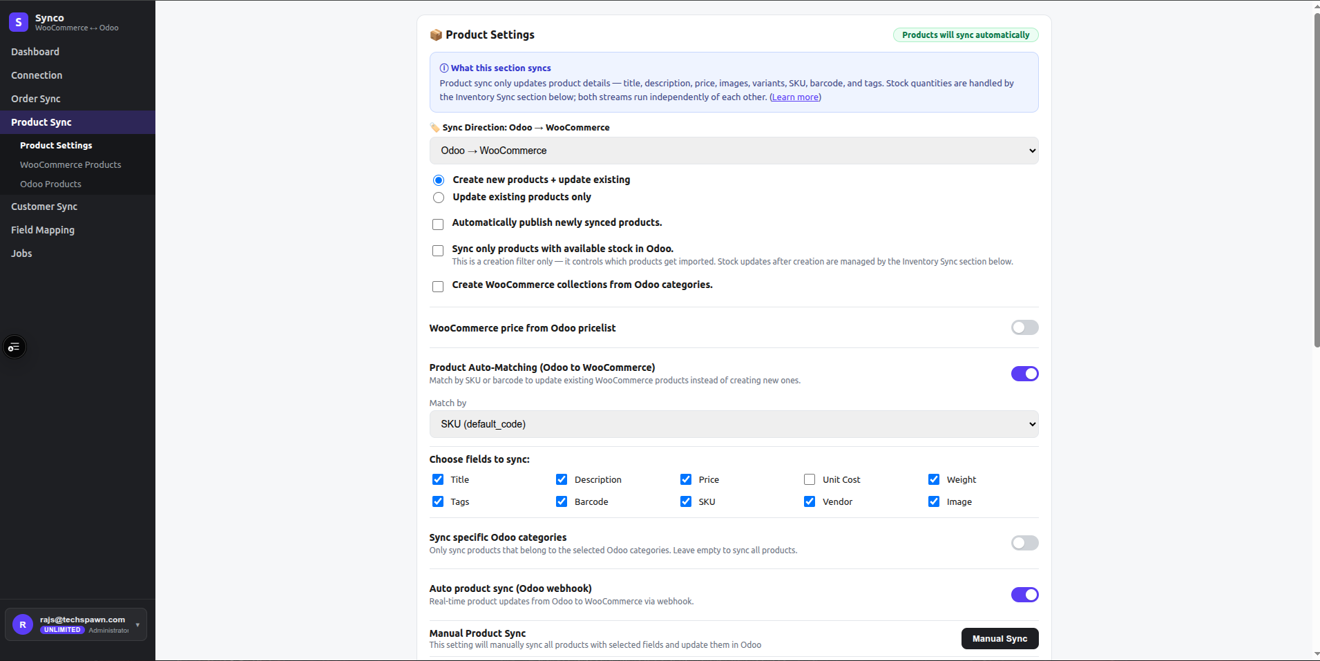 Product Settings with sync direction, creation behavior, matching, selected fields, filters, webhook, and manual sync