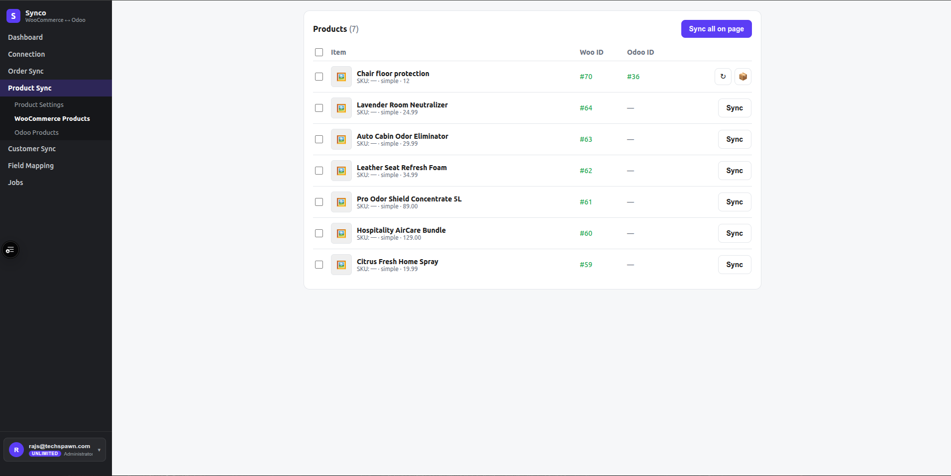 WooCommerce product list with Woo and Odoo IDs, item-level sync, and bulk page sync