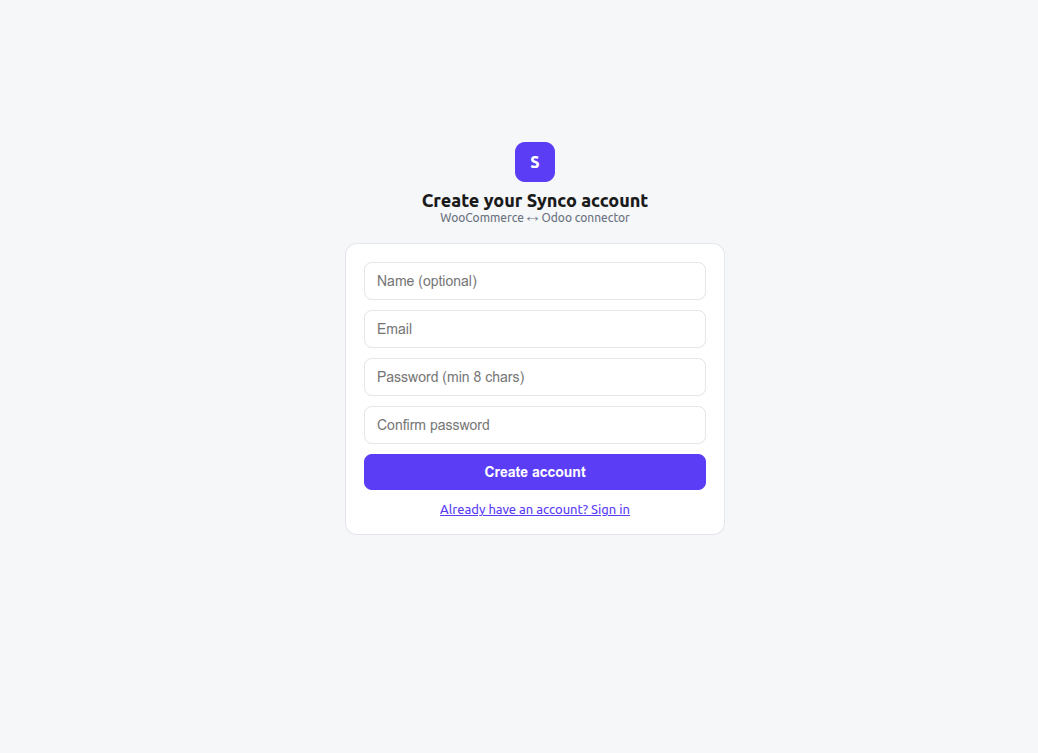 Synco create-account form with name, email, password, and confirmation fields