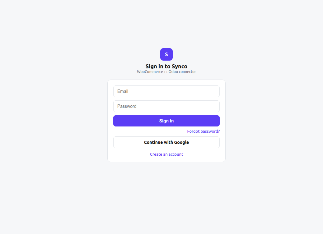 Synco sign-in form with email, password, Google sign-in, and account creation options